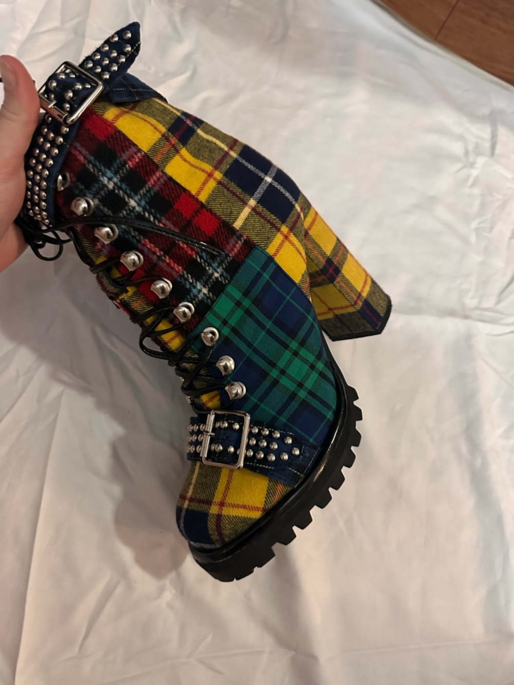 Jeffrey Campbell Plaid Studded Lace-Up Block Heel Boots - Yellow/Green/Blue - Picture 9 of 10